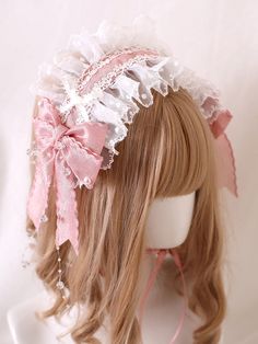 Elevate your kawaii look with our bead details pink bowknots sweet lace hairband. This adorable hair accessory features delicate lace, charming pink bowknots, and intricate bead details. It's the perfect addition to any Lolita or Kawaii outfit, adding a touch of sweetness to your ensemble.  Please note that this product includes only one hairband. Pink Head Piece, Cute Pastel Accessories, Pastel Pink Accessories, Candy Hair Accessories, Cute White Hair Accessories With Pink Bow, Pink Hair Accessories With Decorative Bow For Wedding, Pink Decorative Bow Hair Accessories For Wedding, Pink Satin Bow Hair Accessories For Wedding, Pink Wedding Hair Accessories With Decorative Bow