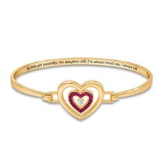 As rich in meaning as it is beautiful, the bracelet features two hearts united in a delicate clasp design. The larger "parent" heart and bangle are lavishly plated with 18kt gold.  The smaller "daughter" heart is set with 20 Swarovski® crystals in the color of her birthstone, and flashes with a sparkling diamond. The inside of the bracelet is lovingly engraved, "My little girl yesterday, my daughter still, I've always loved you, I always will." Elegant Bracelets For Mother's Day Anniversary Gift, Mother's Day Anniversary Gift Jewelry Bracelet, Mother's Day Bracelet Jewelry For Anniversary Gift, Elegant Mother's Day Bracelet With Engraving, Mother's Day Promise Heart Charm Bracelet, Elegant Heart Bracelet For Mother's Day Promise, Elegant Name Bracelet With Hallmark For Anniversary, Elegant Double Heart Charm Bracelet For Anniversary, Elegant Heart Shaped Bracelets For Anniversary