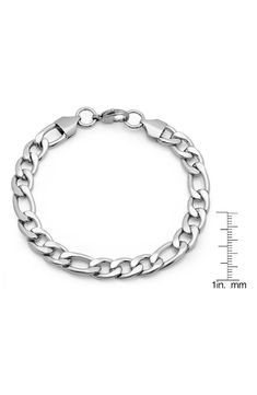 A stainless steel chain bracelet with a lobster clasp closure can be worn as a standalone or layering piece. Lobster clasp closure Stainless steel Imported Metal Curb Chain Jewelry, Metal Curb Chain Link Jewelry, Silver Stainless Steel Cuban Link Bracelet With Adjustable Chain, Classic Stainless Steel Chain Link Jewelry, Metal Link Bracelets With Curb Chain, Metal Cuban Link Bracelet With Oval Links, Metal Curb Chain Bracelets, Metal Curb Chain Link Bracelets, Modern Stainless Steel Jewelry With Curb Chain