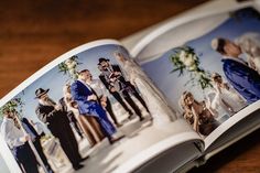 an open photo book with pictures of people on the pages and in the middle is a wedding ceremony