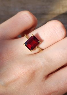 Red Stone Rings For Women, Ruby Engagement Ring Emerald Cut, Red Ruby Ring Gold, Emerald Cut Garnet Ring, Red Garnet Ring For Gift, Garnet Ruby Ring Gift, Fine Jewelry Garnet Ring, Garnet Ruby Ring As Birthstone Gift, Red Stone Ring Women