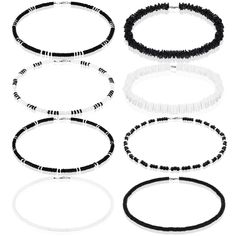 four different necklaces with black and white beads on each strand, one in the shape of a circle