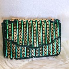 Brazilian Beaded Handbag. So Beautiful. Leaf Green And Gold. Beeded Hand And Chain Hand. Beaded Crossbody Shoulder Bag For Party, Party Beaded Crossbody Shoulder Bag, Party Crossbody Bag With Beaded Details, Luxury Beaded Shoulder Bag For Fashion, Green Embellished Evening Shoulder Bag, Embellished Green Evening Shoulder Bag, Elegant Embellished Green Shoulder Bag, Elegant Green Embellished Shoulder Bag, Glamorous Rectangular Sequin Shoulder Bag