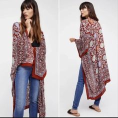 Free People Magic Dance Border Print Kimono The Lightweight Kimono Features A Colorful Pattern With A Border Print. Make A Statement With This Bold Style. Care/Import Machine Wash Cold Made In India Red One-size Kimono For Festivals, Casual Red V-neck Kimono, Fitted Red Bohemian Kimono, Red Printed Kimono For Fall, Red Wrap Kimono For Festivals, Fitted Red Summer Kimono, Red Bohemian One-size Kimono, Summer Red Free Size Kimono, Fitted Red Kimono For Spring