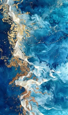 an abstract painting with blue, gold and white paint on the bottom half of it