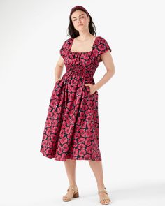 Poppy Toss Square Neck Midi Dress | Kate Spade Outlet Casual Mid-length Cotton Dress, Cotton Fit And Flare Dress For Daywear, Spring Cotton Dress With Gathered Neckline, Cotton Fit And Flare Lined Dress, Cotton Fit And Flare Dress With Lining, Casual Cotton Midi Length Dresses, Spring Cotton Midi Dress With Fit And Flare, Spring Cotton Midi Dress With Gathered Neckline, Spring Cotton Midi Dress Fit And Flare