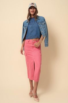 Expertly crafted from durable cargo denim, this midi skirt in a soft pink hue offers a versatile and stylish addition to any wardrobe. Its cargo design adds both functionality and a touch of edginess to this classic piece. Perfect for a casual yet chic look. - 100% Cotton- Non-Stretch Denim- Color Cargo Slim Boot- Front Zipper Fly- 7 pocketsModel is wearing size S . Height 5'8Waist 28"Hip 36"Front Rise 30"Sweep 35" Style: Casual Print / Pattern: Pink Dye Denim Silhouette: Cargo Fit: Midi Embelli Cargo Skirt Fit, Cargo Fit, Cargo Midi Skirt, Missy Dresses, Dye Denim, Pink Dye, Poncho Jacket, Poncho Tops, Denim Color