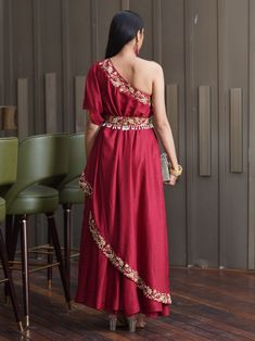 RSAA18-1 Maroon Gown, Gown Off Shoulder, Layered Gown, Cape Outfit, Zardosi Work, Gown For Women, Embroidered Belt, One Shoulder Gown, Indian Wedding Wear