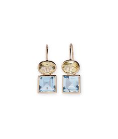 14k Duo Earrings in Lemon Quartz and Sky Blue Topaz. Faceted lemon quartz oval and sky blue topaz square stones with 14k gold bezels Luxury 14k Gold Earrings With Gemstone Accents, Modern Multi-stone Yellow Gold Earrings, Modern Yellow Gold Multi-stone Earrings, Yellow Gold Earrings With Gemstone Accents, Elegant Multi-stone 14k Gold Earrings, Yellow Gold Earrings With Blue Topaz And Gemstone Accents, 14k Gold Drop Earrings With Gemstone Accents, Modern Yellow Gold Birthstone Earrings, Lizzie Fortunato Earrings