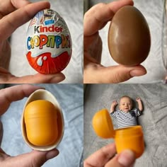 an egg shell is being held by a baby