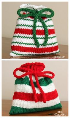 two knitted bags with red, white and green stripes on the bottom one has a bow at the top