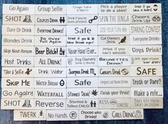 several wooden signs with different types of words on them, all written in black and white