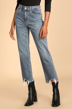 Dark Wash Straight Leg Jeans With Frayed Hem, Washed Blue Cropped Jeans With Frayed Hem For Fall, Mid-rise Washed Blue Cropped Jeans For Fall, Denim Blue Cropped Jeans With Frayed Hem For Fall, Mid-rise Cropped Jeans In Washed Blue For Fall, Fall Cropped Denim Blue Jeans With Frayed Hem, Medium Wash Straight Bottoms With Frayed Hem, Straight Bottoms With Medium Wash And Frayed Hem, Straight Bottoms With Frayed Hem In Medium Wash