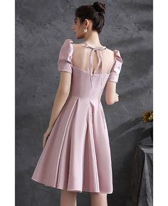 Buy cute pink satin short homecoming dress with bubble sleeves at wholesale price online. Free shipping and pro custom service since 2009. Aline Prom Dress, Attire Guide, Delicate Gown, Satin Short, Short Homecoming Dress, Cocktail Attire, Wedding Rentals, Wedding Boutique, Pink Satin