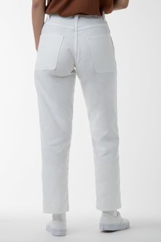 The Duck Canvas Work Pant is a workwear inspired trouser. Versatile and classic enough to wear for any occasion. Made from 8.5oz mid-weight Duck Canvas; the most popular workwear fabric. The thick Cotton Weave is incredibly resistant to tearing and rough wear. Made to last. Sits on the waist, has a straight cut leg and comes in multiple lengths to avoid unnecessary alterations. A go-to pant for durable comfort. Work Pants For Women, Canvas Work Pants, Women In White, Canvas Work, White Denim Jacket, Duck Canvas, The Duck, White Pants, Navy Color