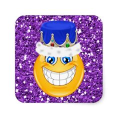 an emoticive smiley face wearing a crown on purple sequins square sticker