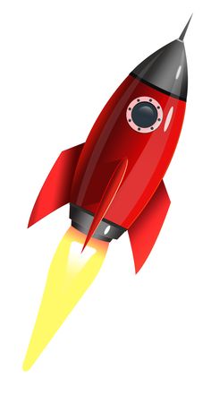 a red rocket ship flying through the air with its light on it's side