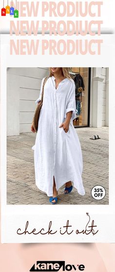 Women Fashion Casual Solid Color Cotton Linen Pocket Shirt Maxi Dress Casual Long Sleeve Maxi Dress With Buttons, Summer Shirt Dress With Long Sleeves And Buttons, Casual Long Sleeve Maxi Dress With Button Closure, Summer Long Sleeve Dress With Buttons, Casual Button-up Maxi Dress For Summer, White Button-up Maxi Dress For Summer, Casual Long Shirt Dress For Vacation, Summer Long Sleeve Midi Dress With Buttons, Long Sleeve Shift Maxi Dress For Daywear