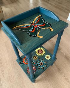 Custom designed custom painted traditional blue wooden nightstand for sale. Whimsical Painted Furniture Ideas, Painted Kitchen Chairs, Night Stand Painting Ideas, Funky Table, Painted Side Table, Funky Nightstand, Folk Painted Furniture, Painted Wood, Painted Nightstand Ideas