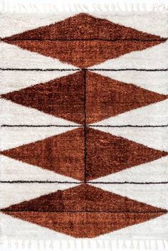 a brown and white rug with fringes on the bottom, in different shapes and sizes