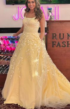 Tulle Gown With Lace Bodice For Prom, Tulle Gown With Lace Bodice For Prom Season, Prom Season Tulle Gown With Lace Bodice, Lace Prom Gown With Sweep Train, Prom Gown With Lace And Sweep Train, Floor-length Lace Bodice Gown For Prom, Lace Bodice Floor-length Gown For Prom Season, Yellow Prom Evening Dress With Sweep Train, Yellow Evening Dress With Sweep Train For Prom