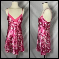 This is a pink floral print chemise nightgown with adjustable straps by Liz Claiborne. In good vintage condition.  Size Small  Measurements  Bust 34" Length from armpit to hem 26" Loc c/s/s/c Pink Floral Print Sleepwear For Spring, Spring Floral Print Pink Sleepwear, Spring Pink Floral Print Sleepwear, Pink V-neck Chemise For Sleepover, Feminine Pink V-neck Nightgown, Pink Chemise For Summer Pajama Party, Spring Pink Nightgown For Pajama Party, Pink Spring Sleepwear For Pajama Party, Pink Sleepwear For Pajama Party In Spring