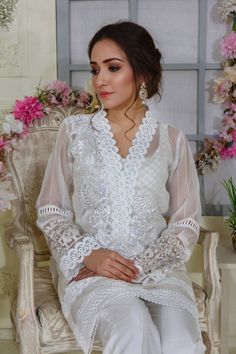 Elegant Lawn Suit With Dabka For Wedding, Organza Salwar Kameez With Chikankari For Party, Party Wear Organza Salwar Kameez With Chikankari Embroidery, Organza Salwar Kameez With Chikankari Embroidery For Party, Party Wear Sets With Chikankari Embroidery On Organza, Party Wear Organza Sets With Chikankari Embroidery, Elegant Designer Lawn Suit With Intricate Embroidery, Lace Salwar Kameez For Eid Party, Wedding Blouse With Dabka Work For Eid