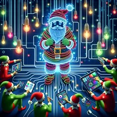 an image of santa claus surrounded by christmas lights and electronic gadgets in front of a circuit board