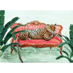 a painting of a leopard laying on top of a pink couch next to green plants