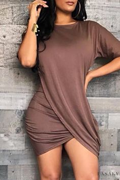 Lasaky - Chic Grey Solid Patchwork O Neck Short Sleeve Dress for Casual Fashion Coffee Fashion, Dress Sleeve Styles, Hip Dress, Daily Dress, Yellow Fashion, Short Sleeve Dress, Grey Fashion, Red Fashion, Fashion Casual