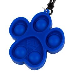 a blue dog paw shaped toy with four holes in the middle and a black cord hanging from it