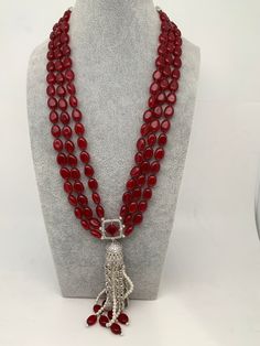 AD Red Stone Pendent Red Monalisa Beads Mala Necklace Length : 24 Inches No Earrings Oval Beaded Jewelry For Parties, Red Dangle Necklaces For Party, Elegant Red Coral Gemstone Beads, Red Faceted Beads Jewelry For Party, Red Long Necklace For Party, Elegant Red Beaded Jewelry, Red Ruby Beads For Gifts, Red Beaded Pendant Necklace, Red Round Bead Necklaces For Party