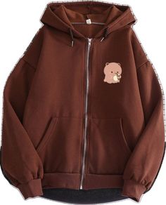 Winter Hoodie With Bear Print And Long Sleeves, Trendy Brown Hoodie With Pockets, Bear Print Sweatshirt For Fall Streetwear, Asian Crafts, Lunar New, Zipper Hoodie, Zip Ups, Going Out, Loose Fitting