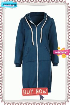 Women Plain Casual Zip Up Sweatshirt Jacket Plus Size Hoodie with Pockets Long Sleeve Fleece Hooded Jacket With Zipper, Casual Long Sleeve Fleece Jacket With Zipper, Casual Long Sleeve Outerwear With Kangaroo Pocket, Long Sleeve Outerwear With Drawstring Hood, Blue Hooded Jacket With Zipper Closure, Sporty Fall Sweatshirt With Pockets, Blue Parka For Fall, Blue Long Sleeve Parka For Spring, Sporty Long Sleeve Winter Parka