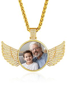 PRICES MAY VARY. 💗💗[Photo Necklace Customized]Angel wings necklace with picture,personalized a picture on the front side and engrave Name,Birthday,Letter,Initial,Symbol,Faith,Inspirational words on the other side.Memory necklace with picture,is a good way to keep your loved one close to your heart at all times.Our personalized photo memorial necklace is the best sentimental gifts, if you want to touch the heart of your loved ones and impress them beyond expectations. ✍[How to Custom Picture Ne Personalized Pendant Jewelry For Father's Day, Gold Jewelry With Adjustable Chain For Gifts, Personalized Gold Jewelry For Memorial, Memorial Pendant Jewelry For Father's Day, Personalized Gold Jewelry With Box Chain, Personalized Gold Box Chain Jewelry, Customizable Gold Jewelry For Gift, Customizable Gold Jewelry As Gift, Stainless Steel Chain Jewelry For Father's Day