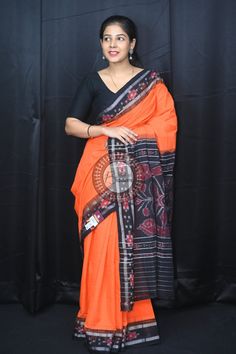 Weaver communities of Maniabandha and Nuapatana of Odisha traditionally weave this kind of saree. Common motifs are star, temple, conch, rudraksh, fish, chakra, lotus etc. The inspiration of all its designs comes from nature. It is the best of single ikat; one of warp and weft is tied and dyed prior to weaving. The borders and the pallas have tremendous variety and each one of them is attractive and praiseworthy. Specification:  Occasion: Festive Wear Fabric: Khandua Cotton Primary Color: Orange Orange Handloom Pre-draped Saree For Puja, Traditional Pre-draped Saree With Woven Motifs For Diwali, Orange Handloom Pre-draped Saree For Diwali, Diwali Orange Handloom Pre-draped Saree, Orange Handloom Traditional Drape Wear, Handloom Orange Saree, Orange Handloom Chanderi Traditional Wear, Orange Chanderi Handloom Traditional Wear, Traditional Pre-draped Orange Saree For Puja