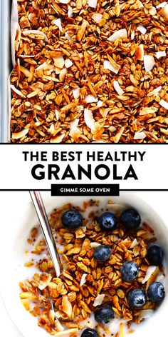 granola in a white bowl with blueberries and almonds on top, the best healthy granola recipe