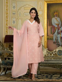 Pink Cotton Blend Embroidered Chikankari Suit Set with Printed Dupatta Beige Unstitched Suit With Dupatta And Straight Kurta, Cream Sets With Sheer Dupatta And Straight Kurta, Pink Cotton Silk Unstitched Suit With Sheer Dupatta, Pink Cotton Kurta With Sheer Dupatta, Semi-stitched Pink Kurta With Sheer Dupatta, Chikankari Suits, Palazzo Suit, Formal Jewelry, Casual Party