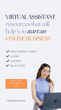 a woman sitting in front of a laptop computer with the text virtual assistant resources that will help you start an online business