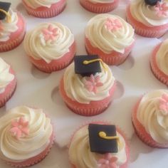 cupcakes decorated with white frosting and pink icing are arranged in rows