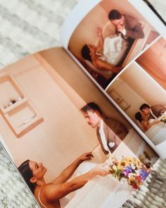 an open photo book with pictures of people on the cover and in the background, there is a wedding cake