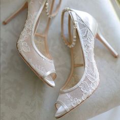 I Wore These Gorgeous Heels On My Wedding Day For About 6 Hours. The First Photo Was Taken By The Wedding Photographer. They Are Comfortable, Yet Have A “Something Borrowed” Feel To Them. They Have A Classic Look And Would Be Gorgeous For Any Occasion, Especially A Wedding! They Will Come In The Original Box :) Elegant Lace Open Toe Wedding Shoes, Elegant White Lace Wedding Shoes, Elegant Wedding Shoes With 4-inch Heel For Bridal Shower, Fitted Almond Toe Wedding Shoes, White Fitted Wedding Shoes For Bride, Elegant Open Toe Heels For Bride, Champagne Open Toe Wedding Shoes, Fitted Champagne Heels For Wedding, Elegant White Bridal Accessories For Wedding Reception