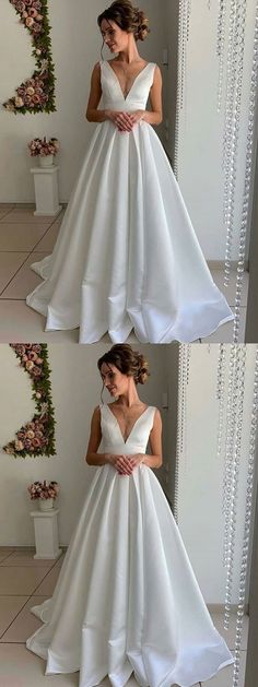 White V-neck Wedding Dress With Sweep Train, White V-neck Evening Dress For Prom Season, White V-neck Wedding Dress, White V-neck Dress For Debutante Ball, White V-neck Gown With Sweep Train, V-neck Wedding Dress With Sweep Train And Fitted Bodice, White A-line Dress With Sweep Train, White V-neck Evening Dress For Wedding, V-neck Wedding Dress With Sweep Train For Banquet