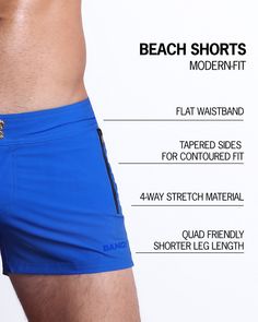 The most versatile pair of men’s beach shorts you’ll ever wear. BANG! Beach Shorts are the perfect all-rounder between the beach and everything else before and after. Styled after the fashionably look of a modern-fit walk short, these premium men’s swim trunks are delivered in a body-sculpting and shape-contouring format for a perfect fit. Meet the ultimate men’s boardies to take you from the beach to the party without missing a beat. Made with a stretchy, waterproof, light weight and soft fabri Beachy Swim Trunks With Built-in Shorts, Blue Beachwear Athletic Shorts For Summer, Blue Summer Athletic Shorts For Beach Season, Blue Athletic Shorts For Beach Vacation, Blue Athletic Shorts For Beach Season, Blue Beach Party Shorts, Blue Athletic Shorts For Summer Beach Season, Beachy Blue Shorts, Blue Swim Trunks With Built-in Shorts For Beach