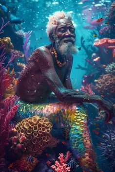 an old man with white hair and beard sitting on top of a colorful coral reef