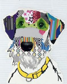 a collage of a dog with colorful clothing on it's face and neck