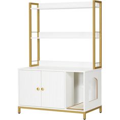 a white and gold shelf unit with two doors on the bottom, one door open