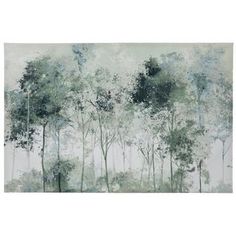 an abstract painting with trees and fog in the background, on a white wall or floor