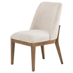 a white chair with wooden legs and a beige upholstered back rest on a white background