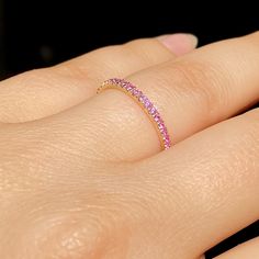 "Real Pink Sapphire Band, Micro Pave Pink Sapphire Wedding Band, 14K Yellow Gold Stacking Sapphire Ring, Round Cut Light Pink Sapphire Band Natural Natural Pink Sapphire Band featuring round brilliant diamond cut light pink sapphires on Solid 14K White, Yellow or rose gold. This band features a stunning U Prong micro pave setting for a minimalist final look. The sapphires are a light pink diamond cut which gives them that lovely sparkle under the sun. The stones measure 1.35 mm each and have a t Classic Pink Half Eternity Jewelry, Gold Brilliant Cut Pink Sapphire Jewelry, Wedding Rings With Pave Setting And Pink Sapphire, Wedding Ring With Pink Sapphire And Pave Setting, Pink Sapphire Pave Wedding Jewelry, Yellow Gold Jewelry With Pink Sapphire For Anniversary, Pink Sapphire Yellow Gold Jewelry For Anniversary, Anniversary Yellow Gold Jewelry With Pink Sapphire, Pink Sapphire Wedding Rings With Pave Setting